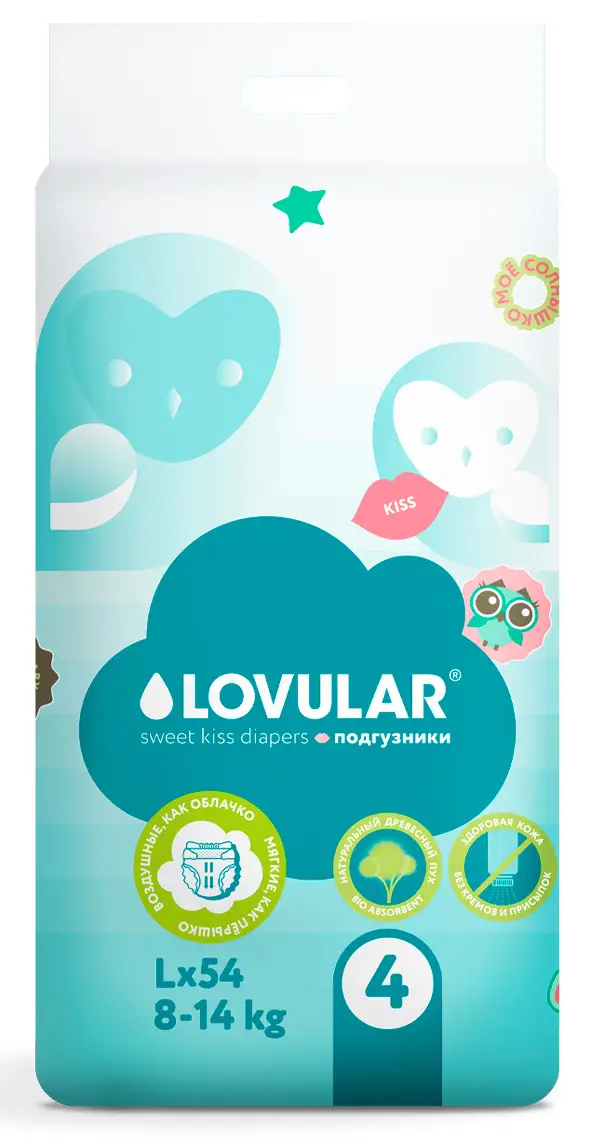Подгузники Lovular Sweet kiss L 8-14 кг 54 штуки