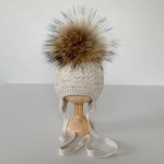 Фотография товара Шапочка двойная вязка Little Star Альба бумбон - мех енота бежевый меланж 36-38