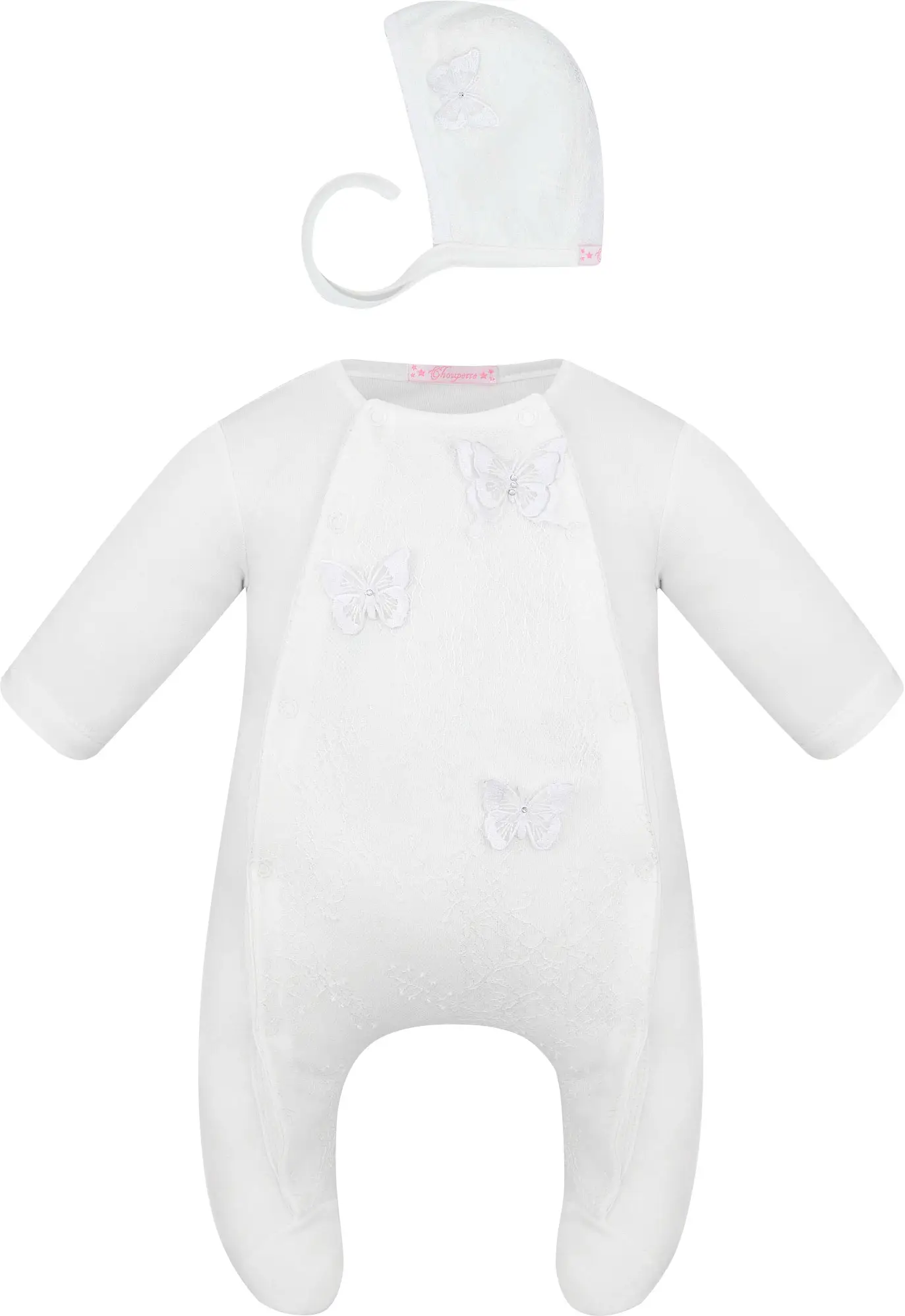 Комплект Choupette нарядный комбинезон, чепчик, с декорами, экрю 56
