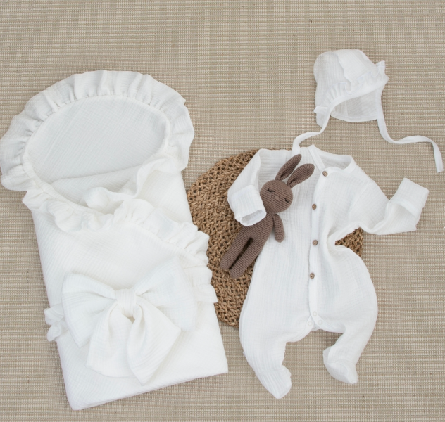 Фотография товара Комплект на выписку 4 предмета "Муслин.Плед", молоко, лето (р. 16 (рост 50-56 см))