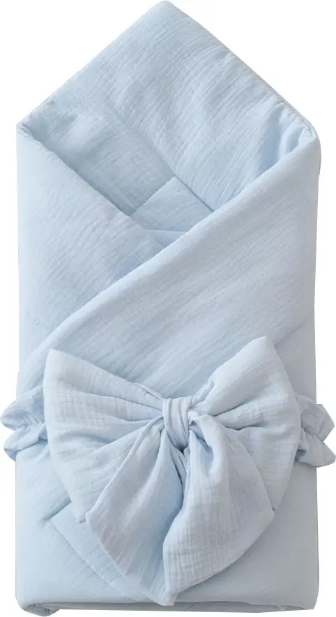 Одеяло-конверт на выписку Муслин №2 KiDi kids с бантом на резинке, 90х90 см, голубое