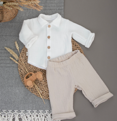 Фотография товара Комплект летний с длинным рукавом для мальчика "Муслин", бежевый, лето (р. 22 (рост 68-74 см))