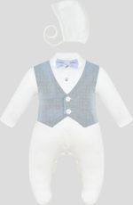 Комплект Choupette нарядный с декоративным жилетом и бабочкой, комбинезон, чепчик, экрю-голубой 62
