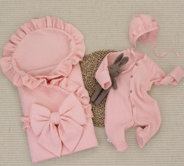 Фотография товара Комплект на выписку 4 предмета "Муслин Рюша.Плед", персик, лето (р. 16 (рост 50-56 см))