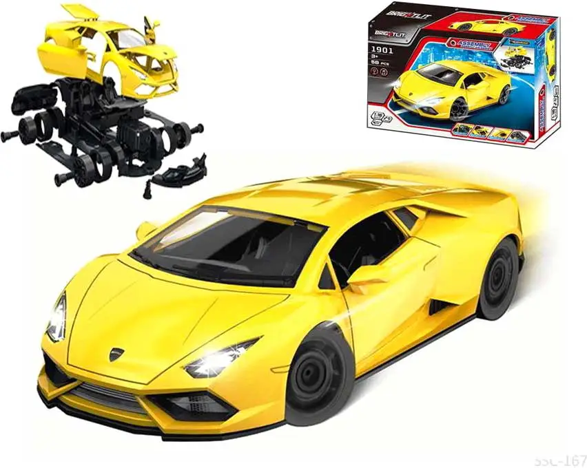 Junfa Машинка "Собери сам". Гоночная машина, 58 деталей, цвет желтый, звуковые и световые эффекты.