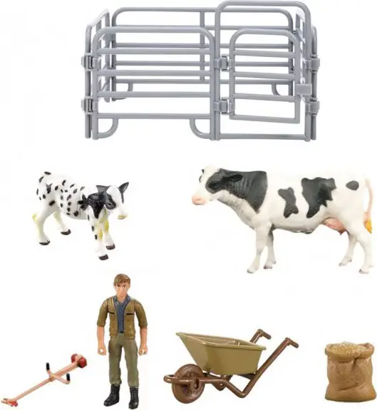 Игрушки фигурки Masai Mara в наборе серии На ферме 7 предметов корова белая с черным, теленок, фермер