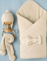 Фотография товара Конверт-одеяло вязаный, лента "Бант", шарф и шапочка Little Star, экрю, р.38 см