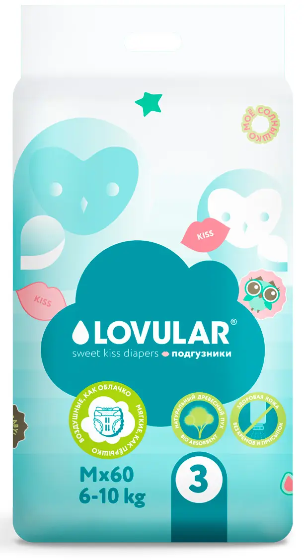 Подгузники Lovular Sweet kiss M 6-10 кг 60 штук