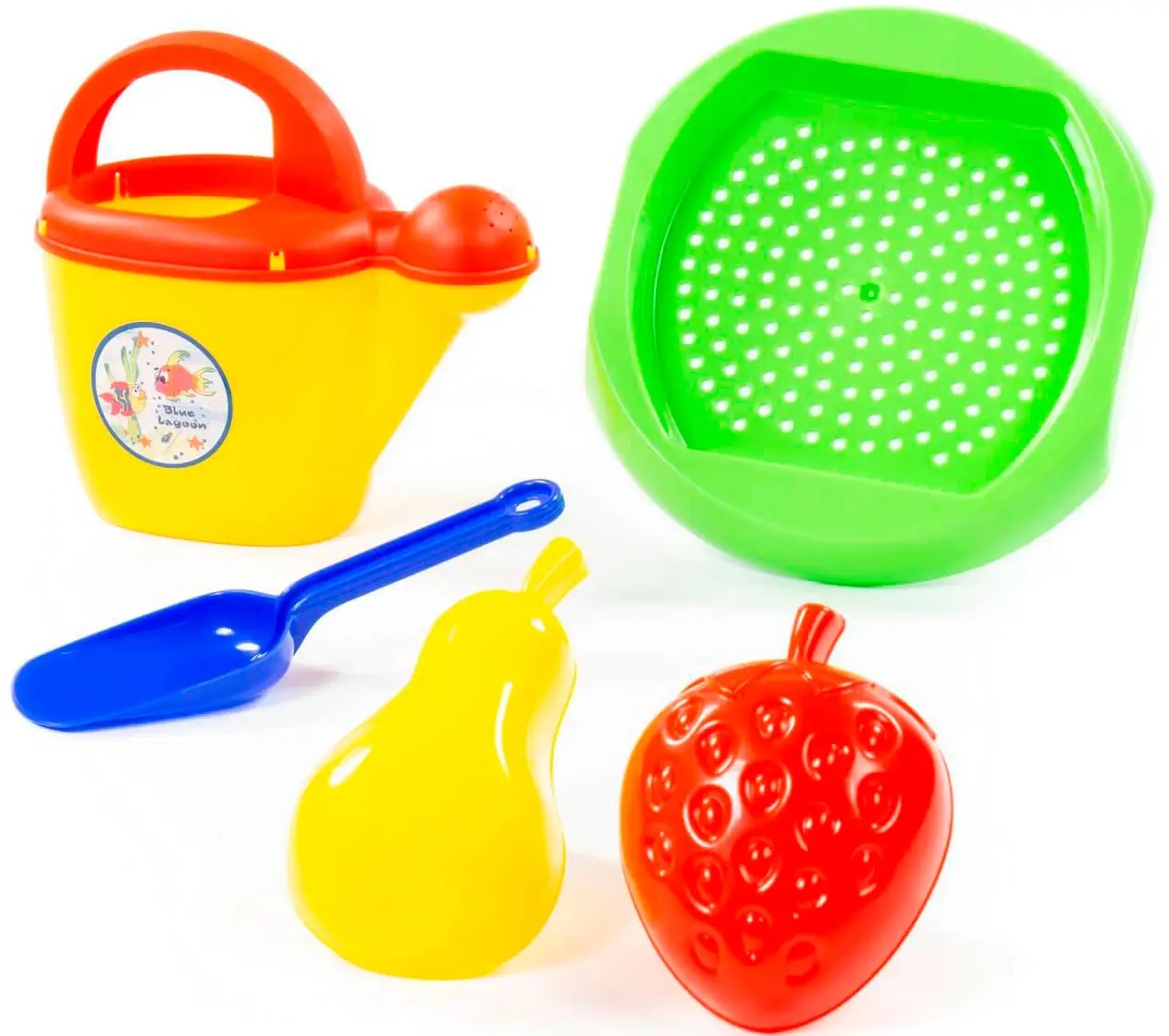 Набор №403 Полесье сито №9, совок №11, формочки Фрукты 2 штуки, лейка №10