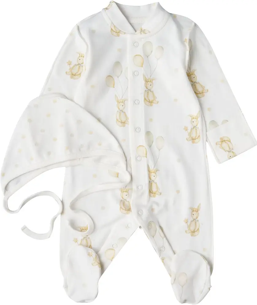 Комбинезон с чепчиком Зайчики с шариками Little Star, р. 68, интерлок, крем