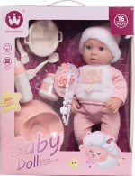 Фотография товара Junfa Пупс-кукла 40 см в розово-белом комбинезоне в наборе с игровыми предметами