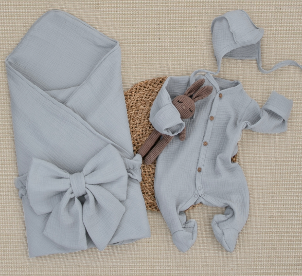 Фотография товара Комплект на выписку 4 предмета "Муслин.Плед", серый, лето (р. 16 (рост 50-56 см))