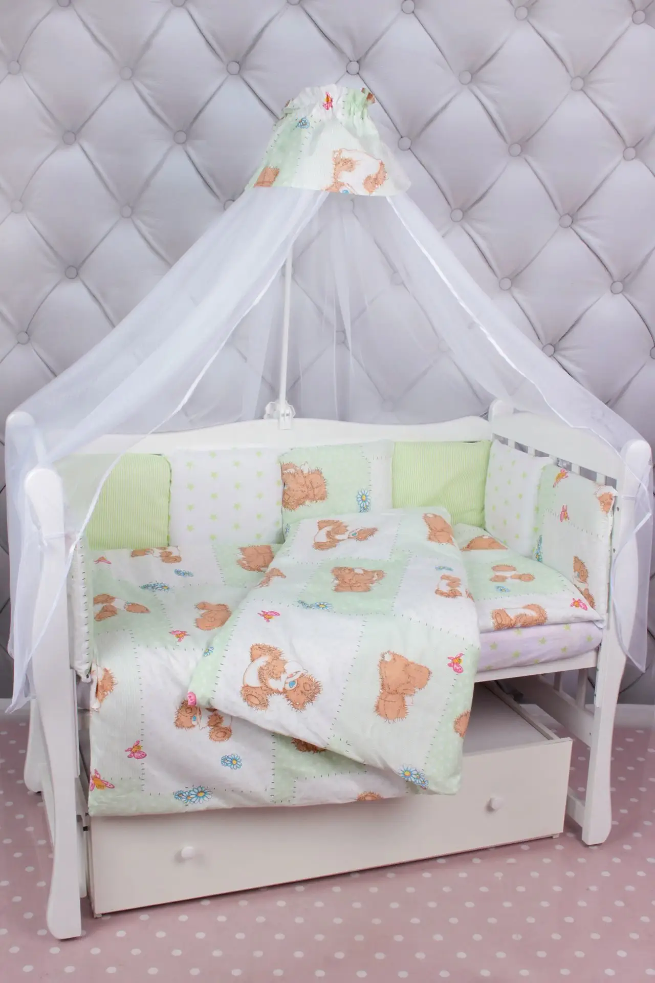 Комплект в кроватку 18 предметов (6+12 подушек-бортиков) AmaroBaby Мишка зелёный