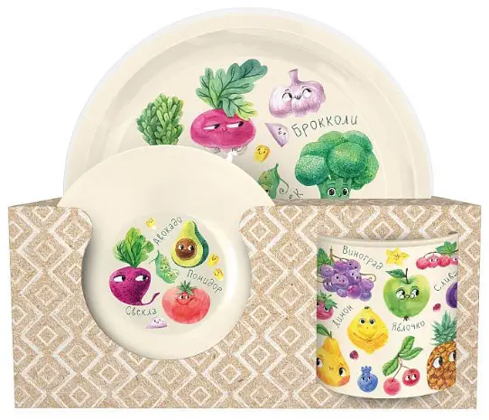 Набор посуды с декором овощи. Тарелка 215 мм, миска 130 мм, кружка 280 мл. Светло-бежевая, Little Angel 