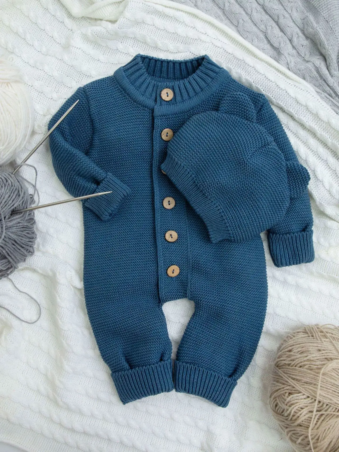 Комбинезон детский Amarobaby Pure Love с шапочкой, вязаный, джинс 56