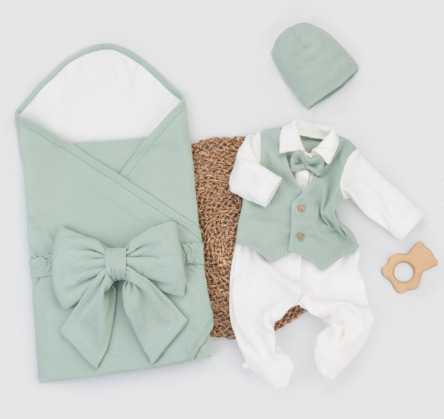 Фотография товара Комплект на выписку 4 предмета "Новый Юный Джентльмен.Плед", светлая полынь, лето (р. 16 (рост 50-56 см))