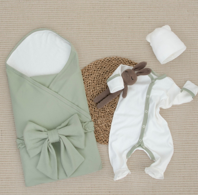 Фотография товара Комплект на выписку 4 предмета "Новый Капучино.Плед", полынь, лето (р. 16 (рост 50-56 см))