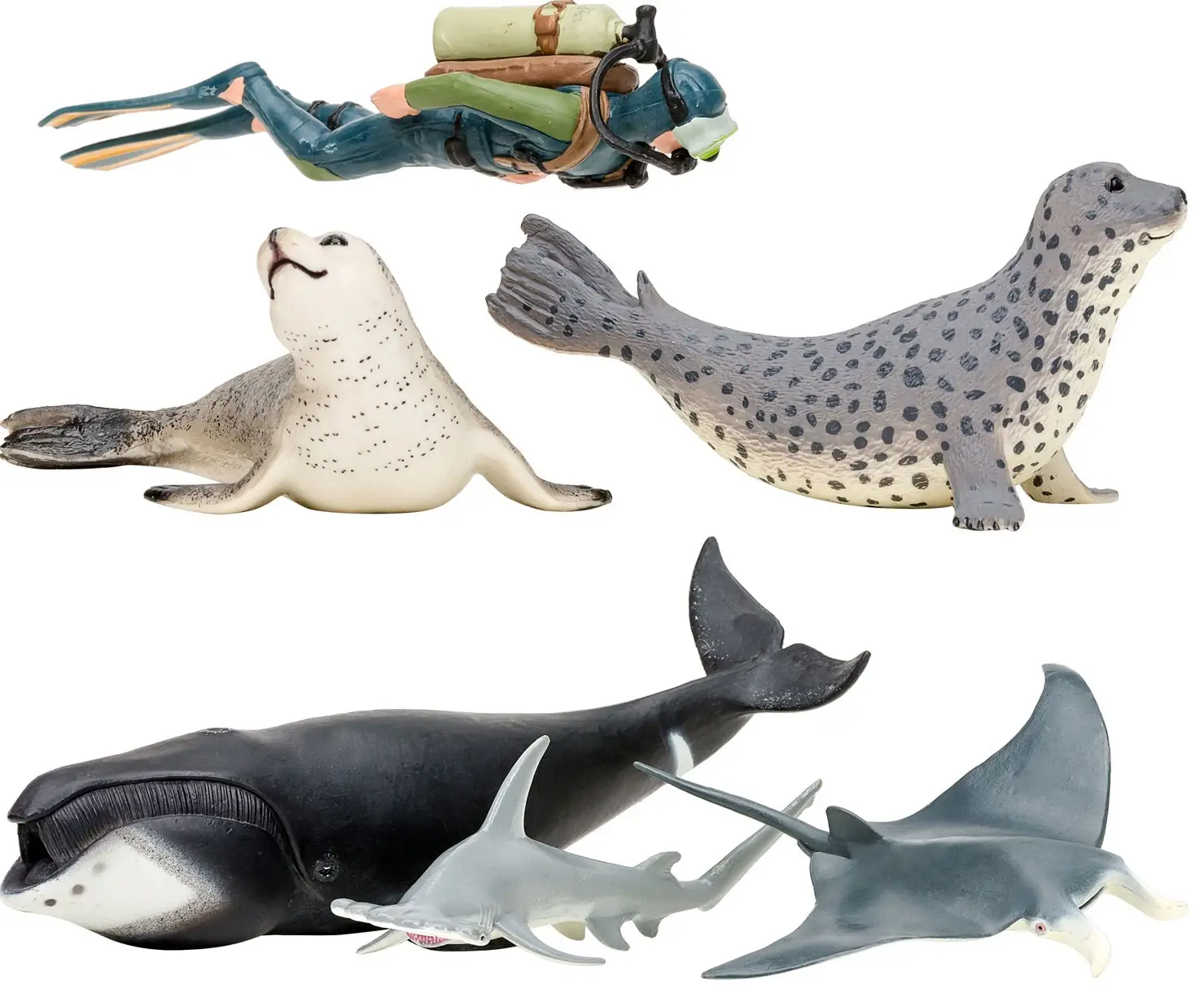 Фигурки игрушки серии Мир морских животных Кит, рыбка-молот, манта, морской леопард, дайвер