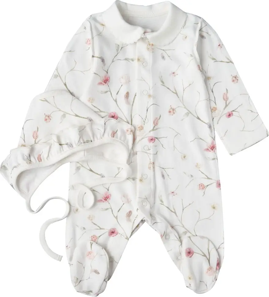 Комбинезон с чепчиком Цветочки на веточках  Little Star, р. 62, интерлок, цвет крем