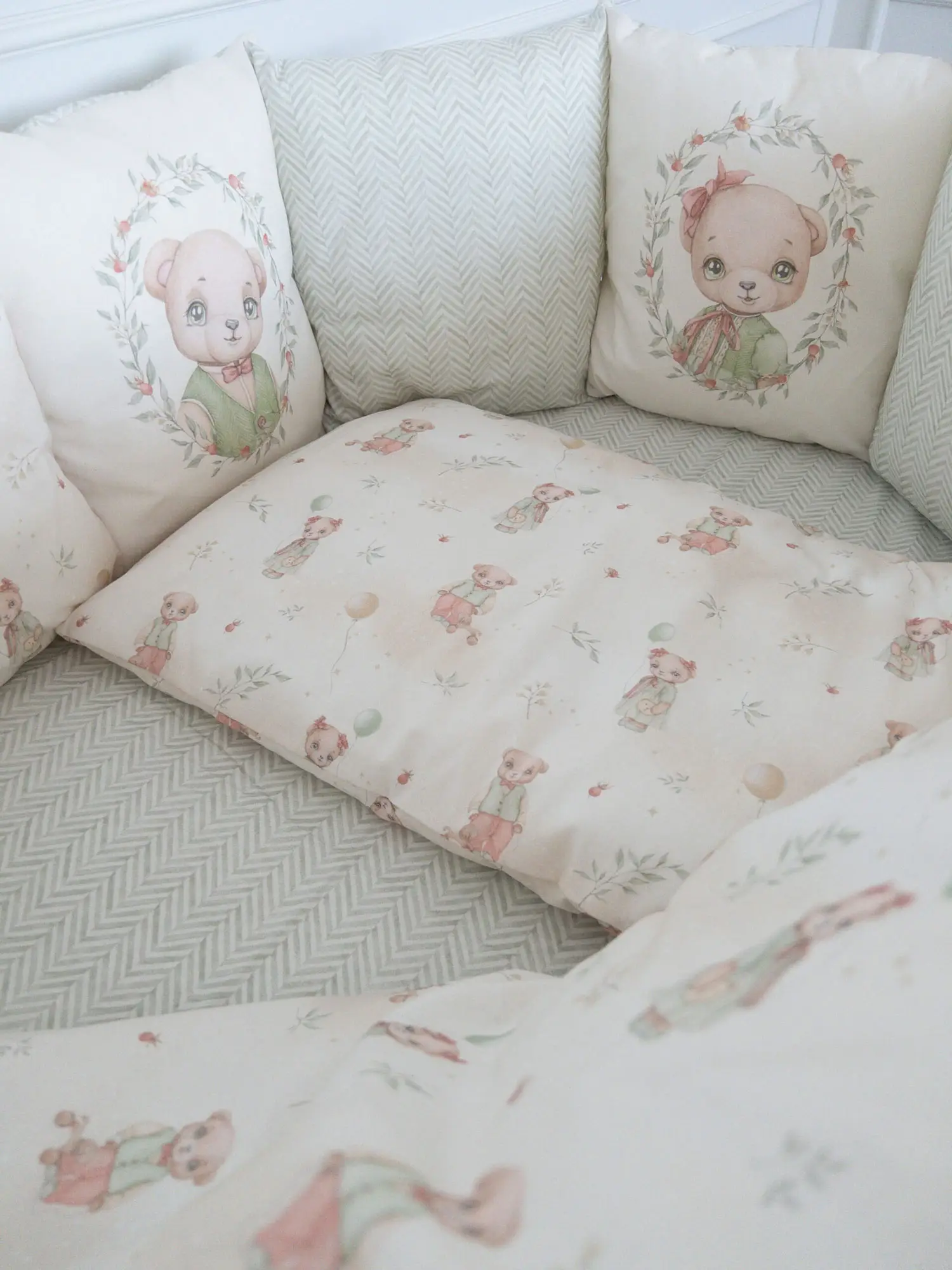 Комплект Винтаж Lappetti 6 предметов для овальной и прямоугольной кроватки, оливковый, арт. 6120/3