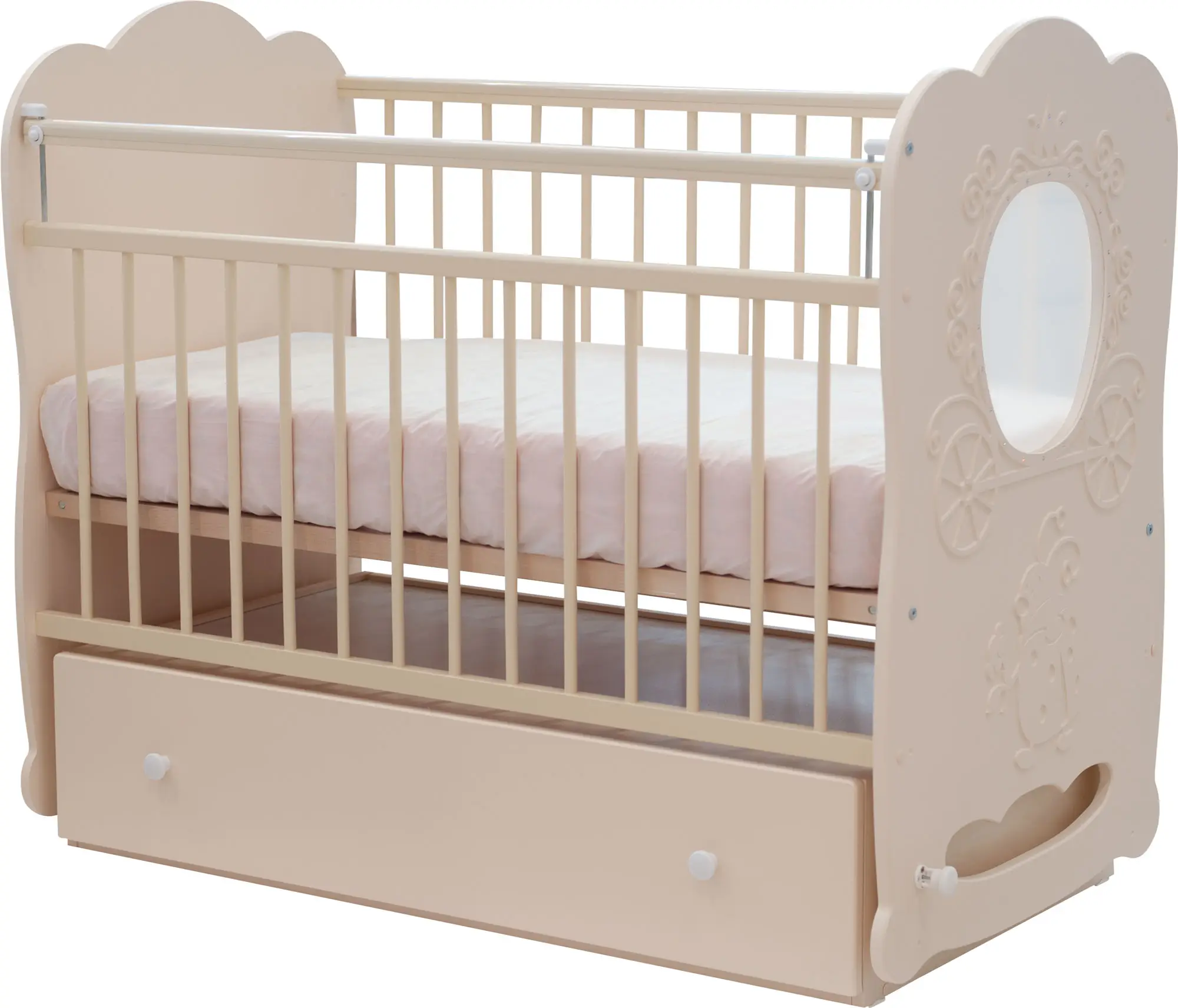 Кровать детская Островок уюта Карета маятник поперечный с ящиком, айвори